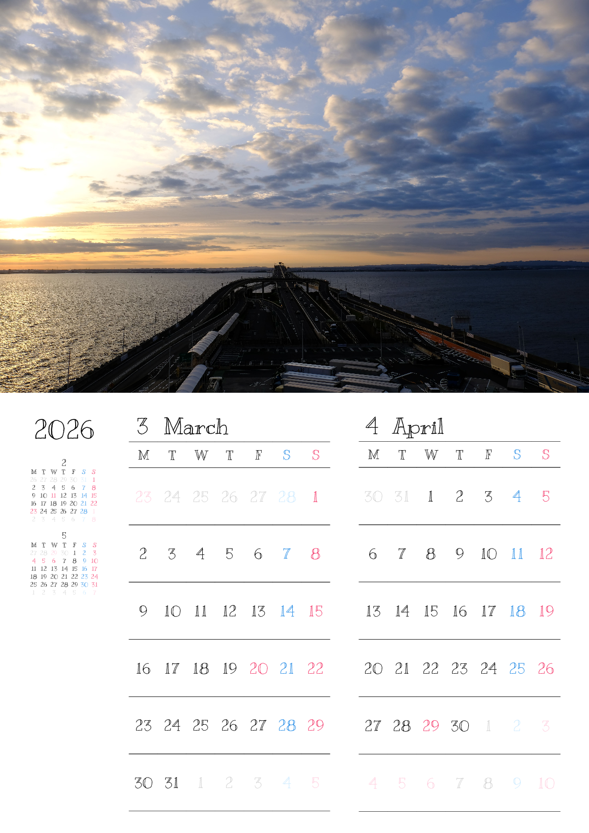 A判（A4,A5 など）,縦向き,２ヶ月,月曜始まり,写真入り