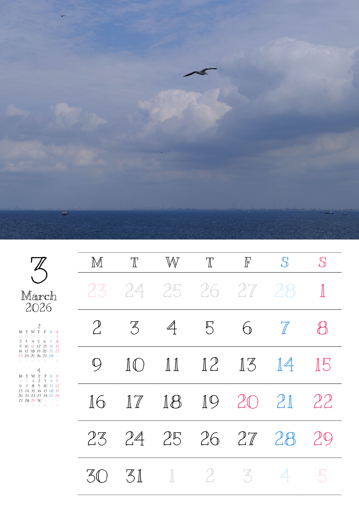 A判（A4,A5 など）,縦向き,１ヶ月,月曜始まり,写真入り