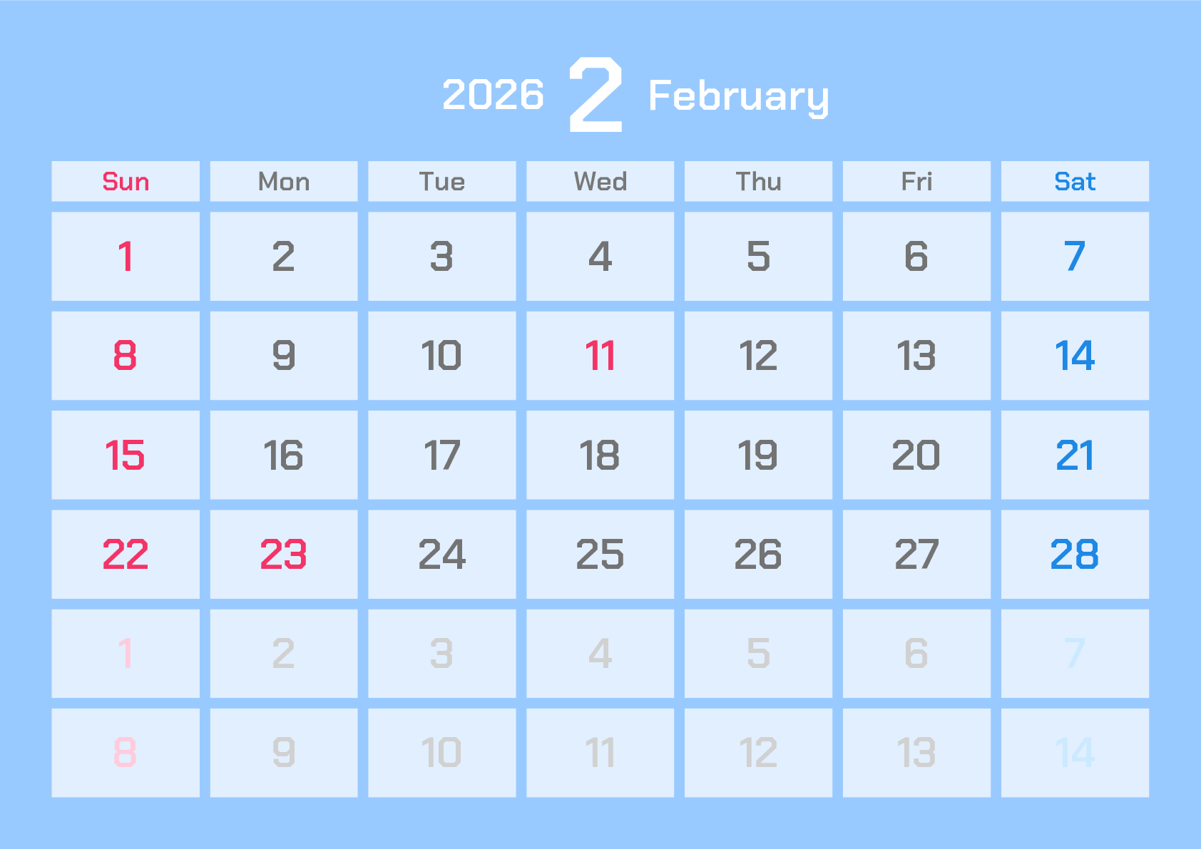 A判（A4,A5 など）,横向き,１ヶ月,日曜始まり,背景色設定