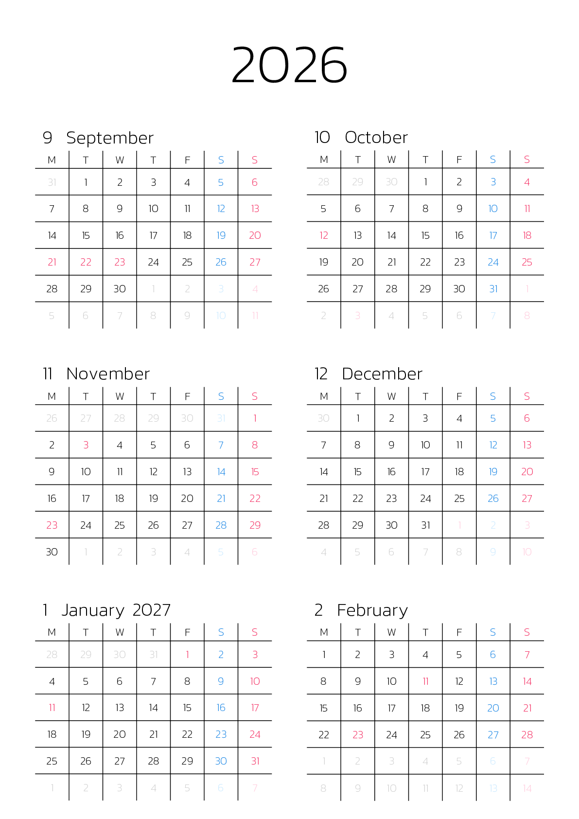A判（A4,A5 など）,縦向き,６ヶ月,月曜始まり