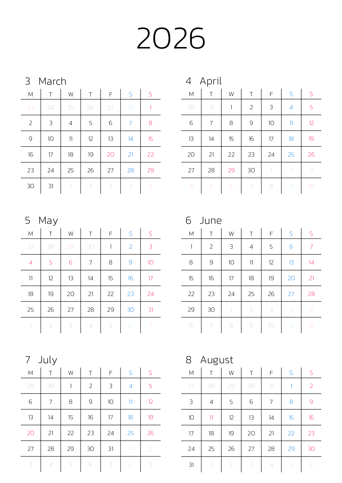 A判（A4,A5 など）,縦向き,６ヶ月,月曜始まり