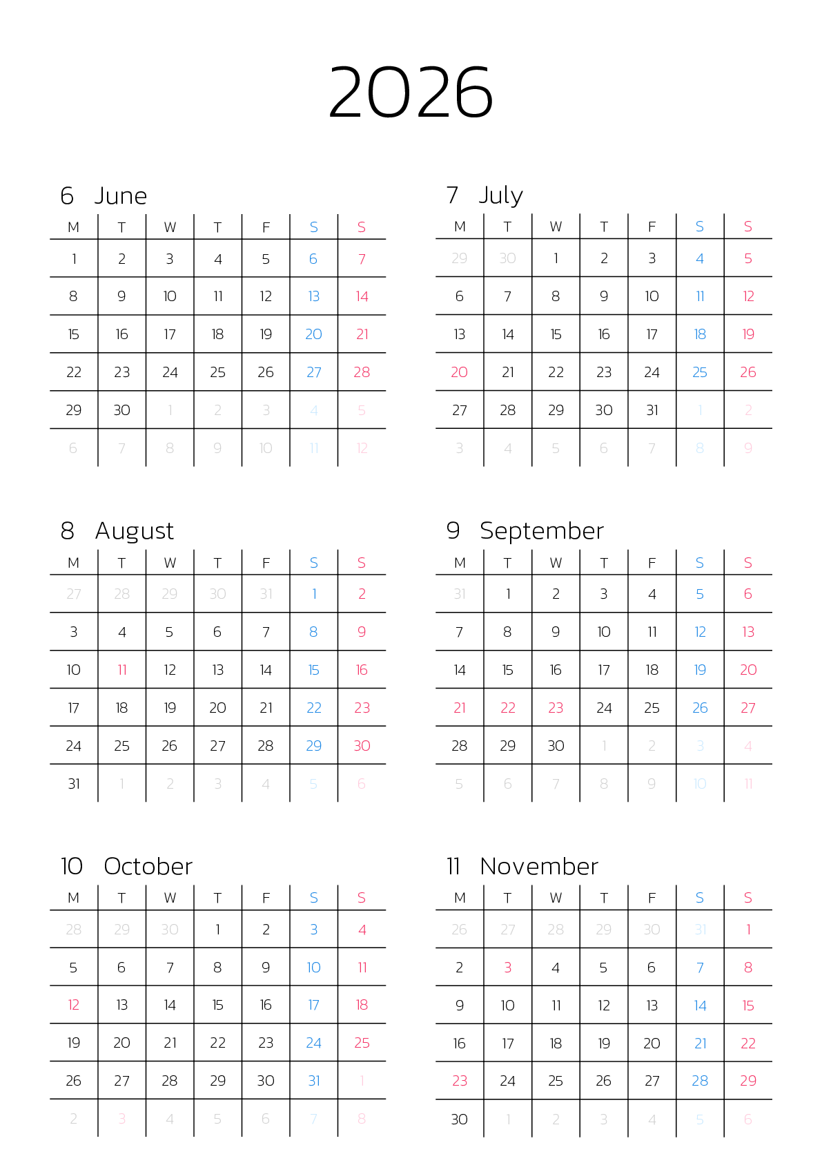 A判（A4,A5 など）,縦向き,６ヶ月,月曜始まり
