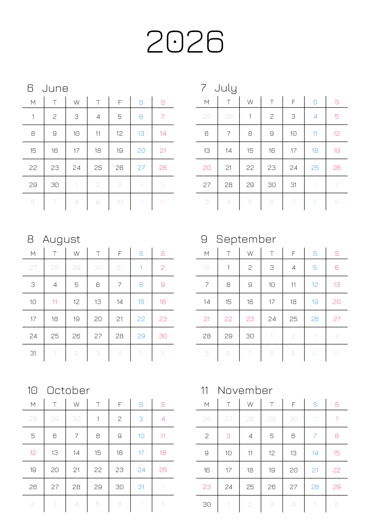 A判（A4,A5 など）,縦向き,６ヶ月,月曜始まり