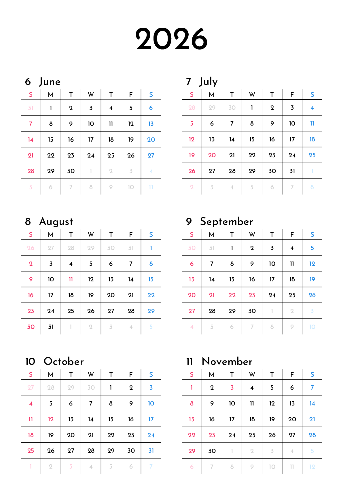 A判（A4,A5 など）,縦向き,６ヶ月,日曜始まり