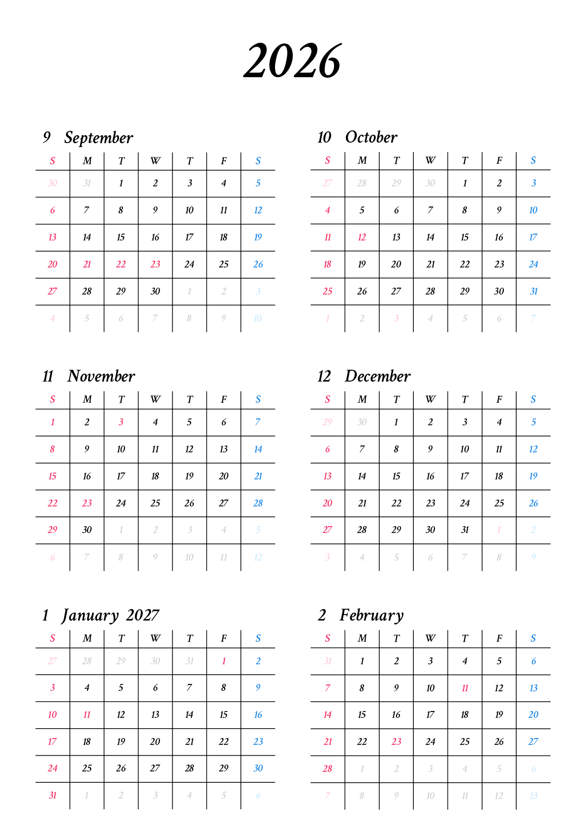 A判（A4,A5 など）,縦向き,６ヶ月,日曜始まり