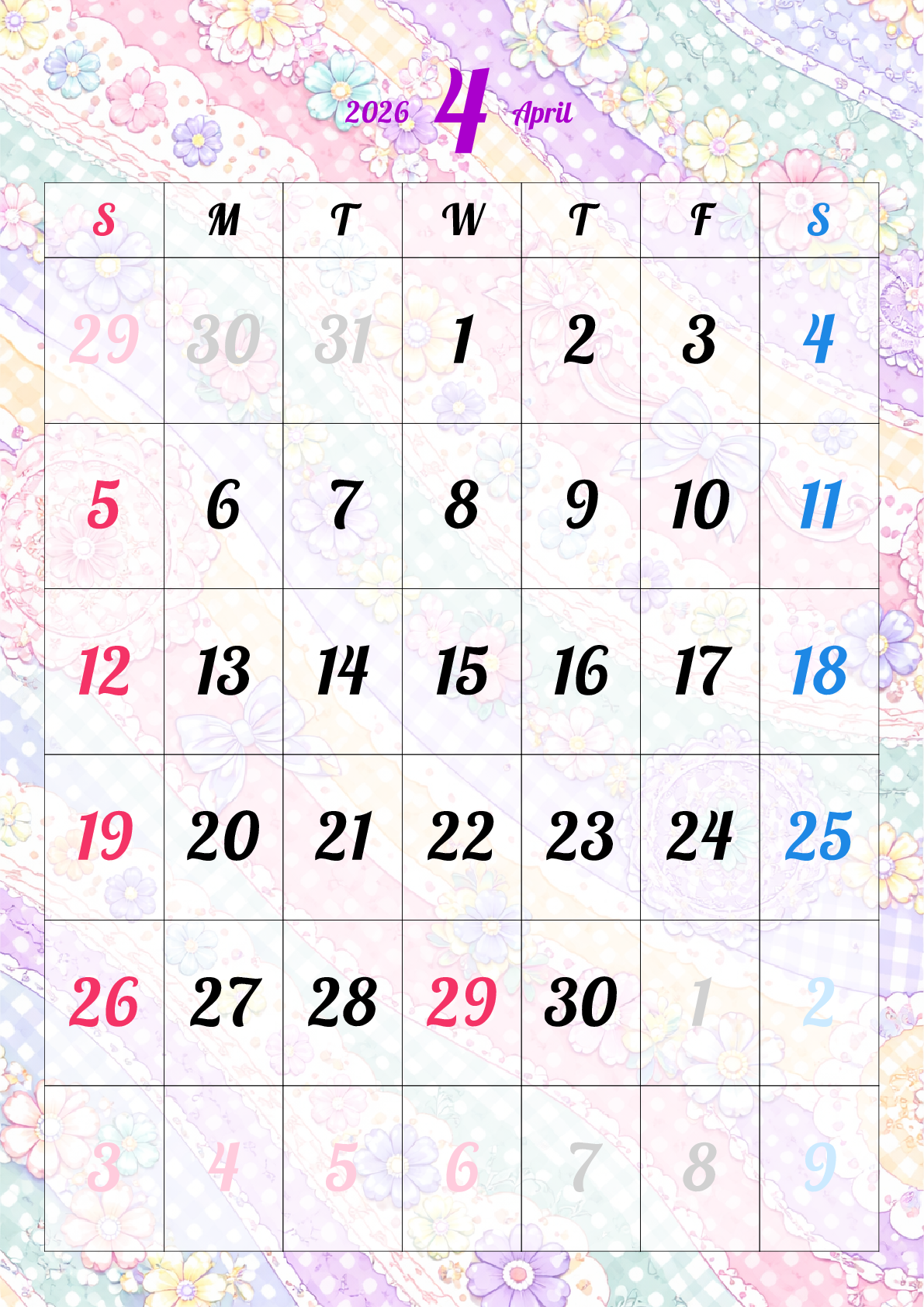 A判（A4,A5 など）,縦向き,１ヶ月,日曜始まり,背景全面写真入り