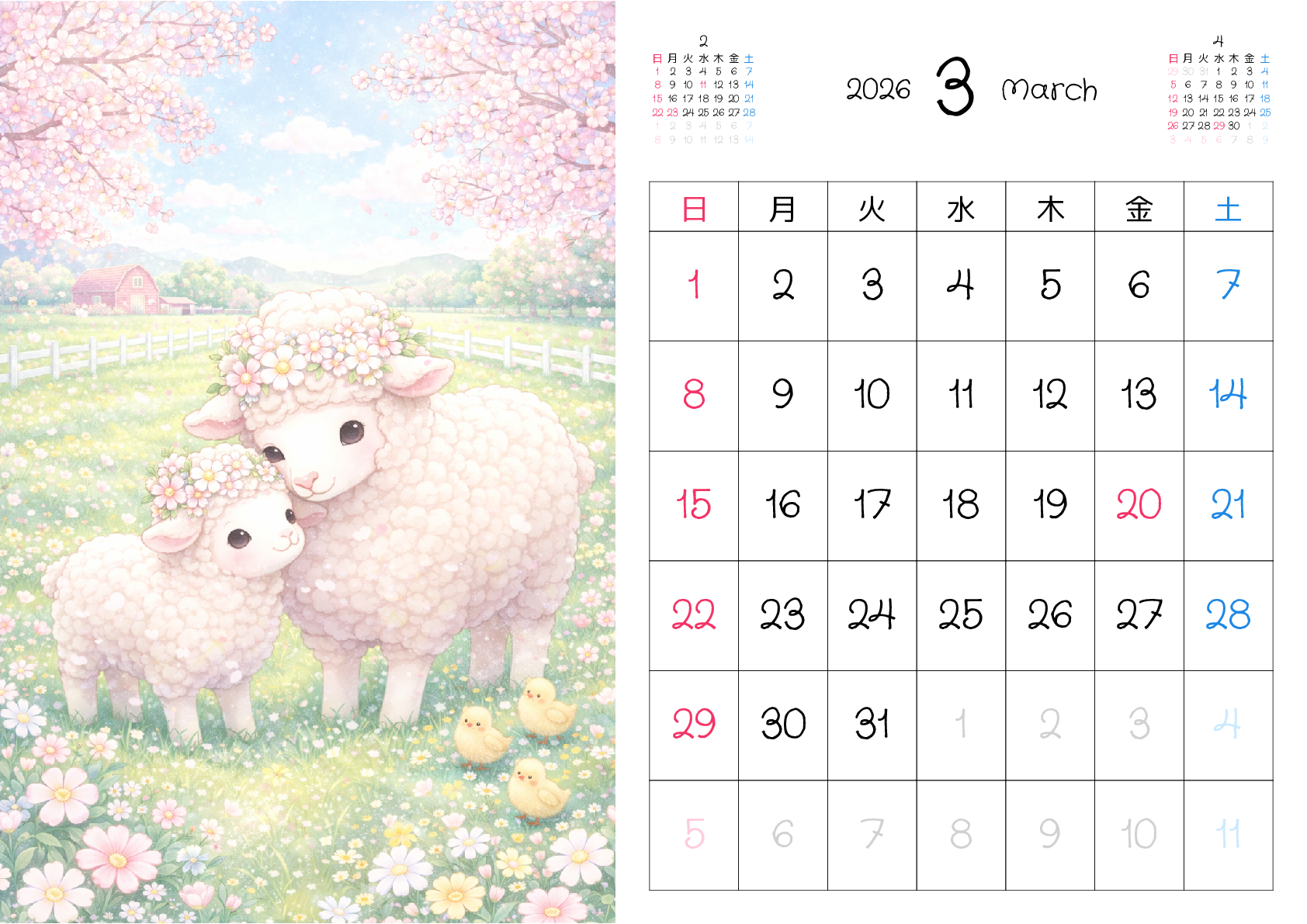 A判（A4,A5 など）,横向き,１ヶ月,日曜始まり,写真入り