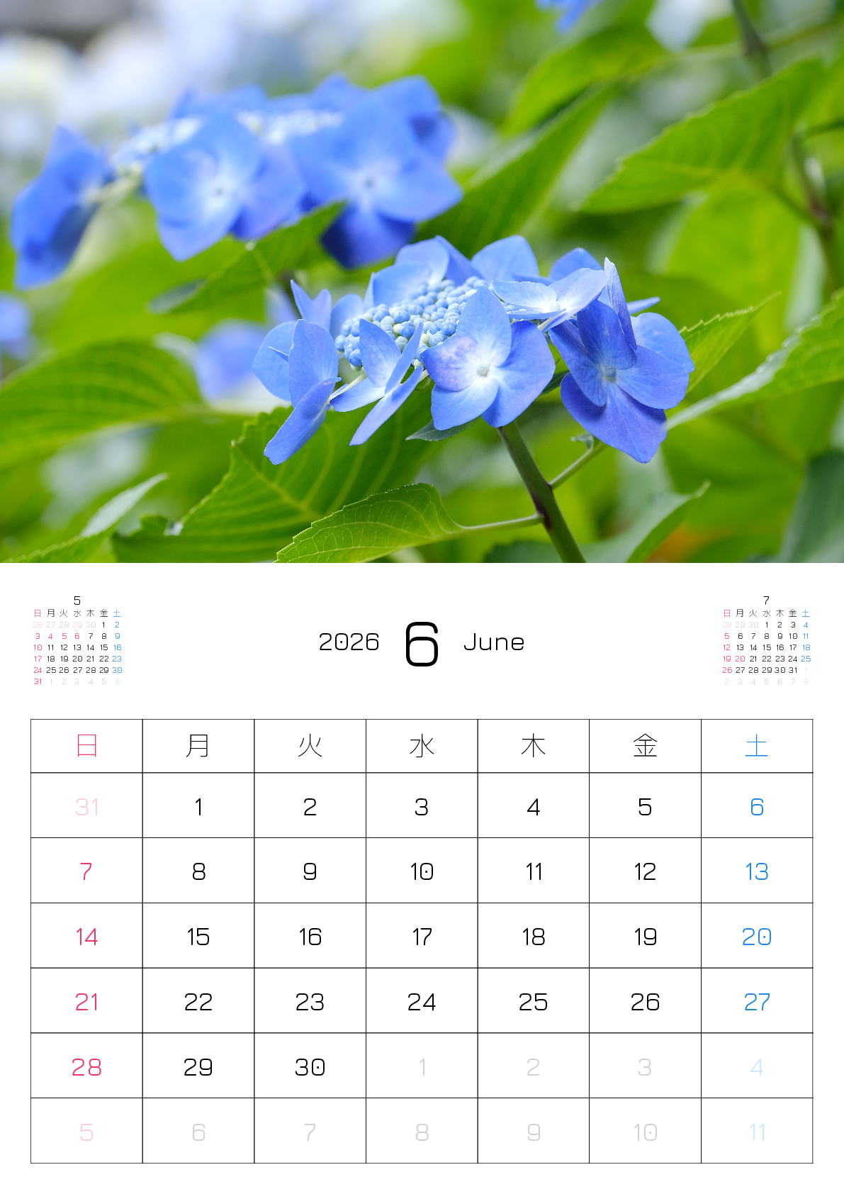 A判（A4,A5 など）,縦向き,１ヶ月,日曜始まり,写真入り