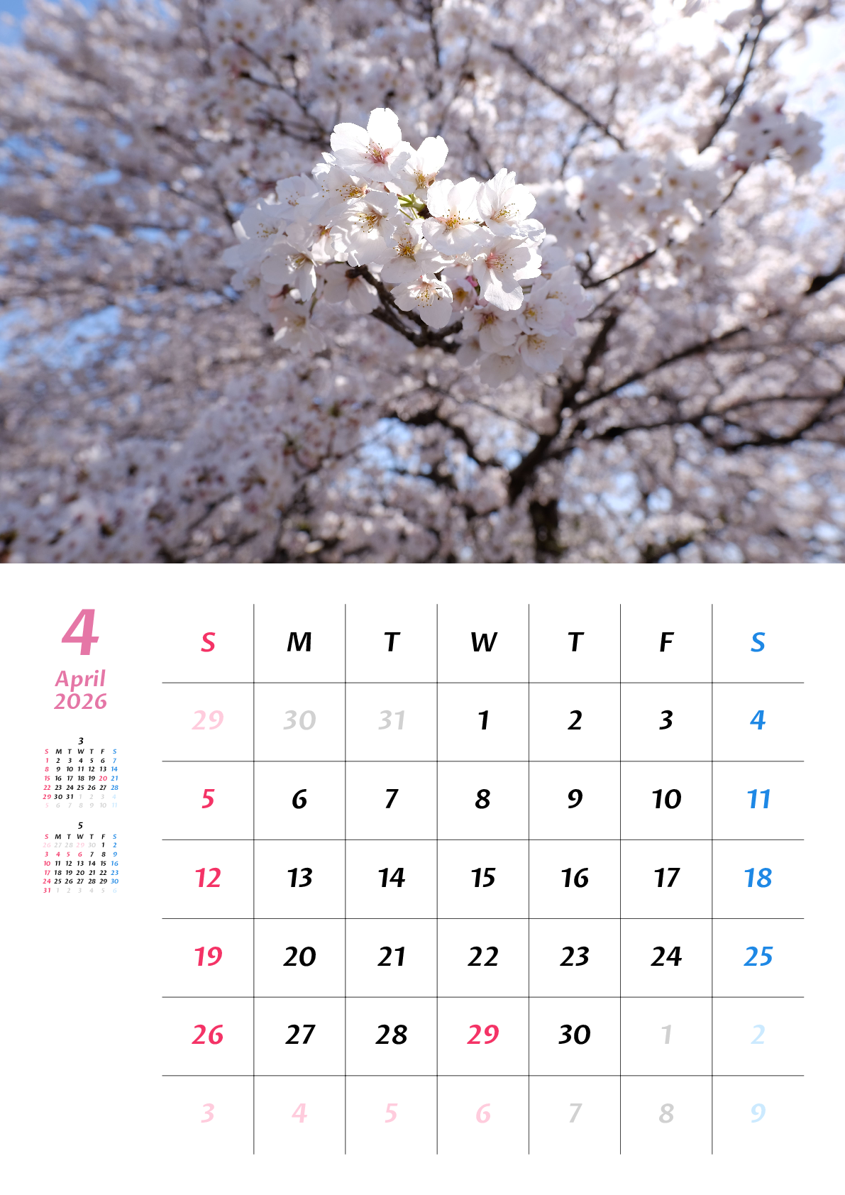 A判（A4,A5 など）,縦向き,１ヶ月,日曜始まり,写真入り