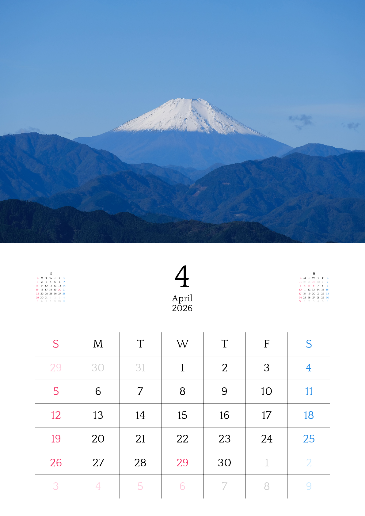 A判（A4,A5 など）,縦向き,１ヶ月,日曜始まり,写真入り