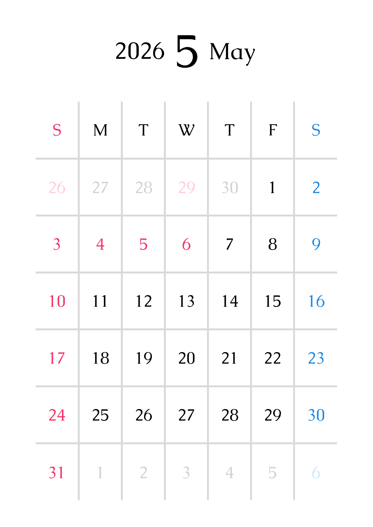 A判（A4,A5 など）,縦向き,１ヶ月,日曜始まり