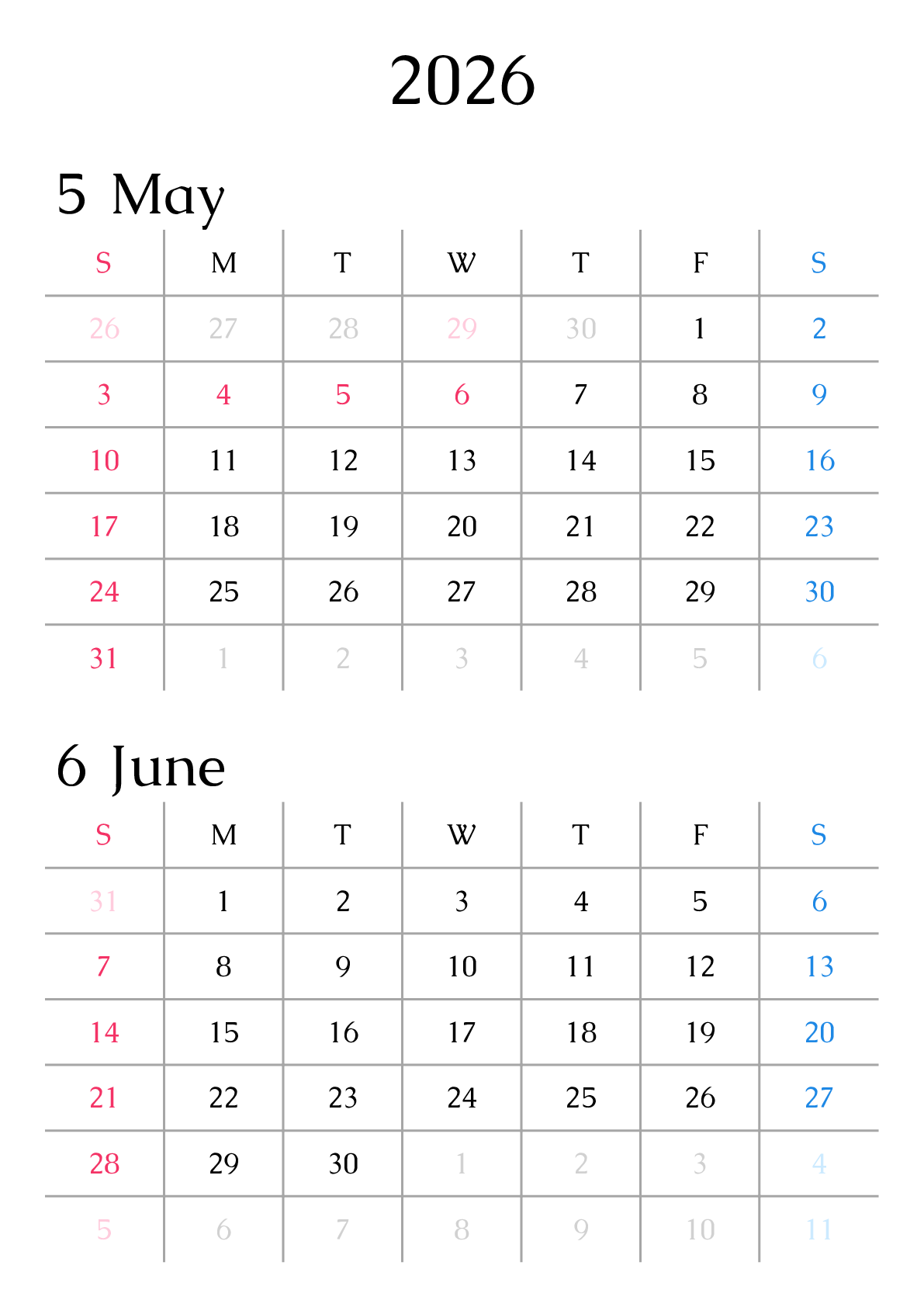 A判（A4,A5 など）,縦向き,２ヶ月,日曜始まり