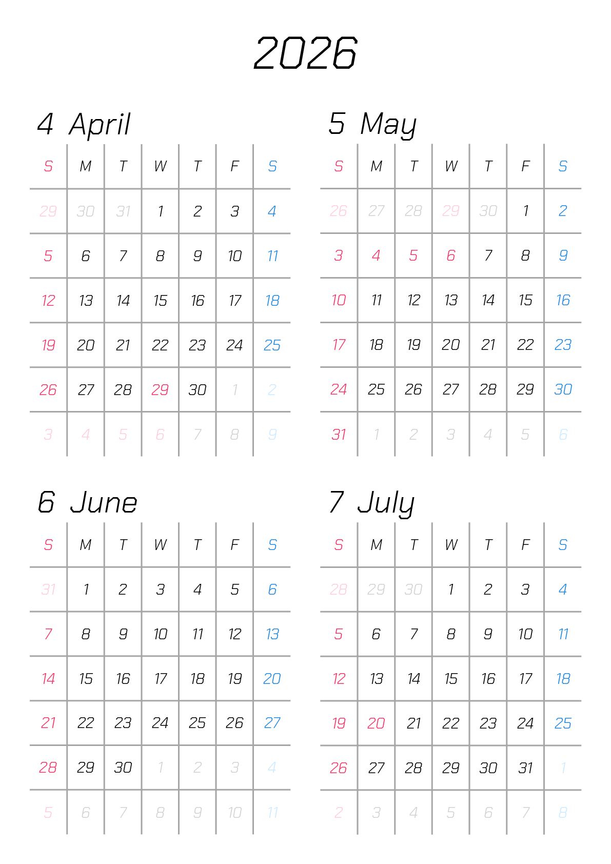 A判（A4,A5 など）,縦向き,４ヶ月,日曜始まり