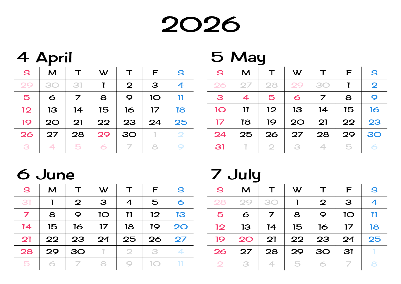 A判（A4,A5 など）,横向き,４ヶ月,日曜始まり