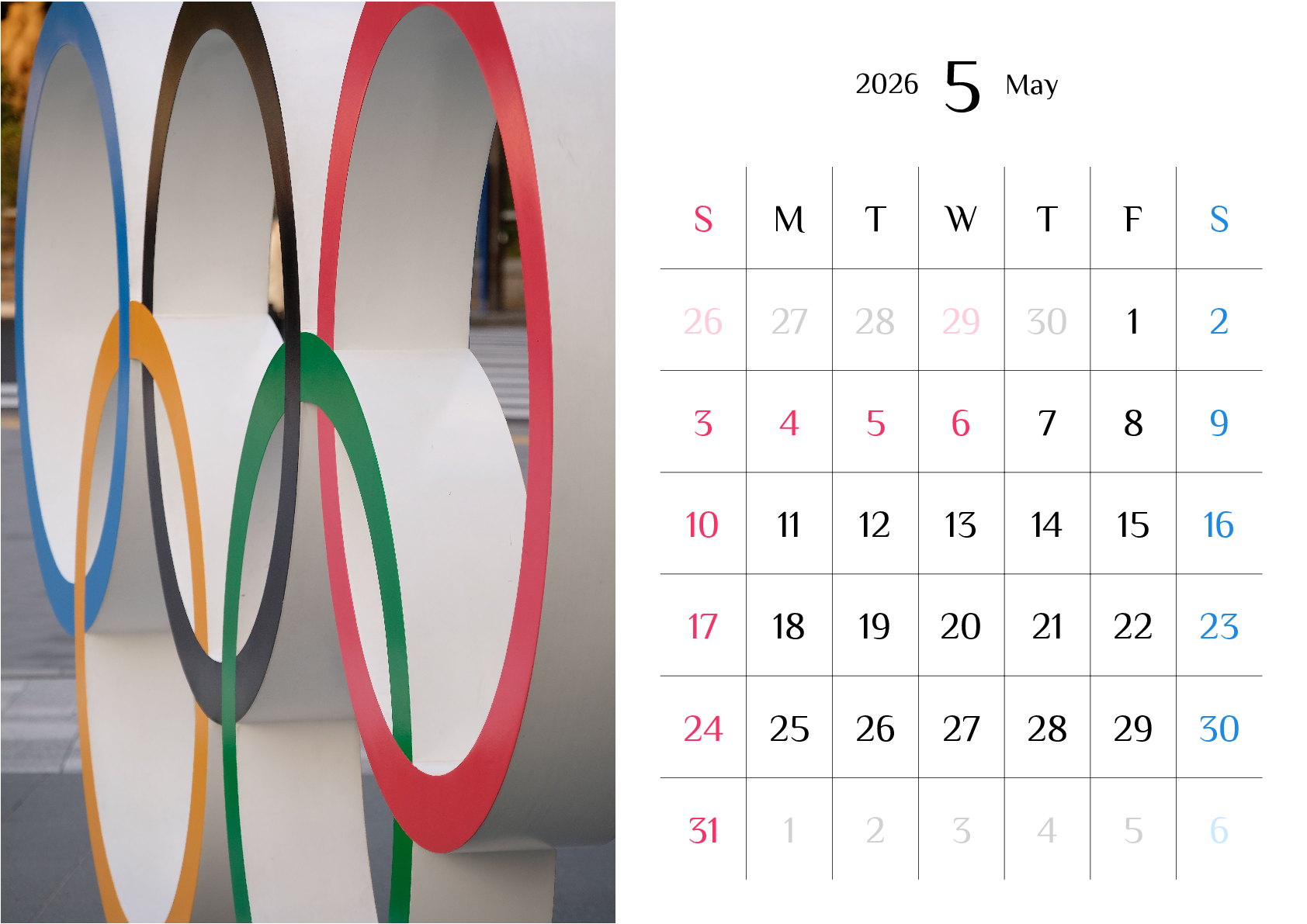 A判（A4,A5 など）,横向き,１ヶ月,日曜始まり,写真入り