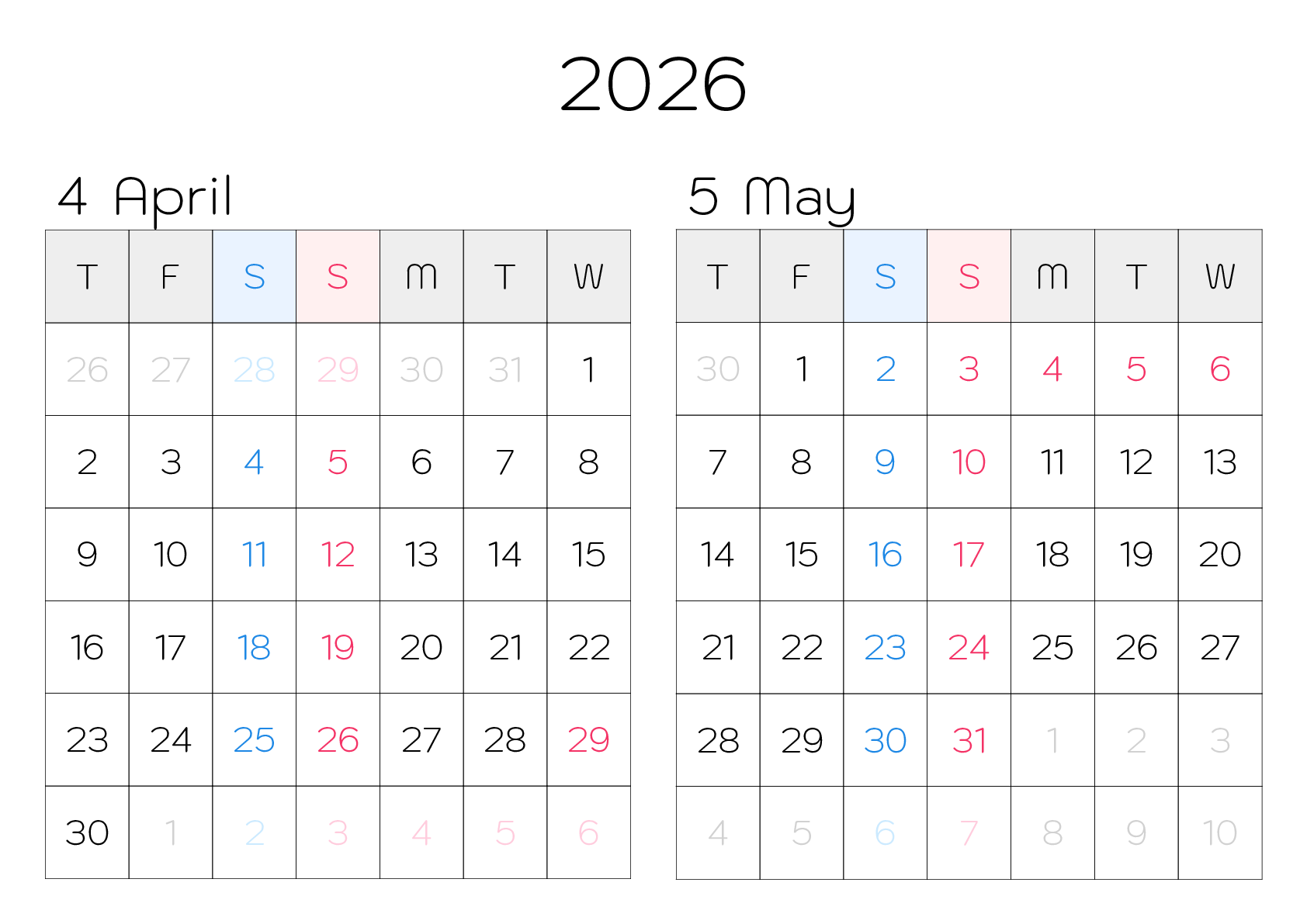 A判（A4,A5 など）,横向き,２ヶ月,木曜始まり