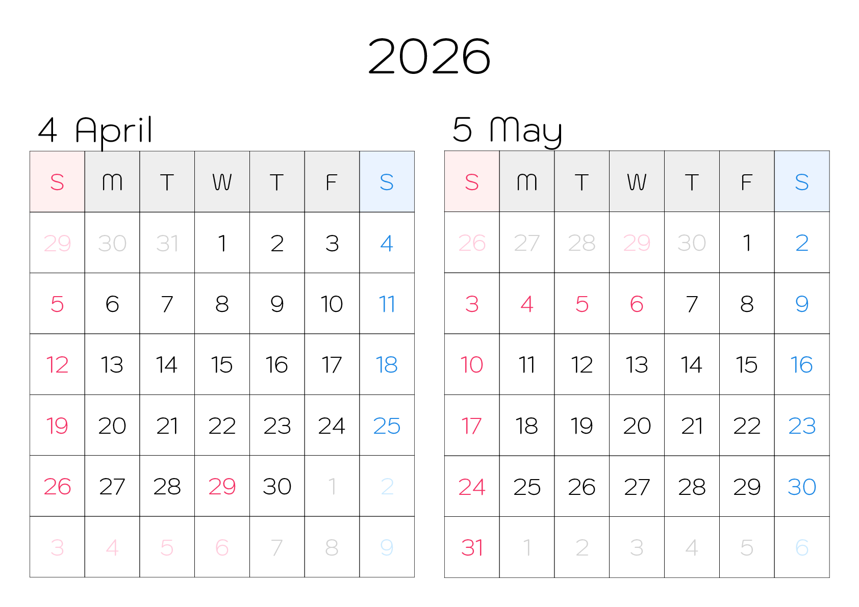 A判（A4,A5 など）,横向き,２ヶ月,日曜始まり