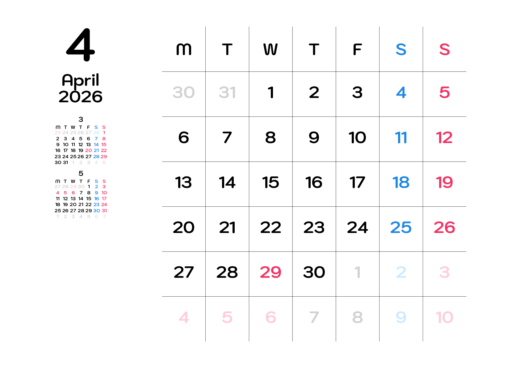 A判（A4,A5 など）,横向き,１ヶ月,月曜始まり