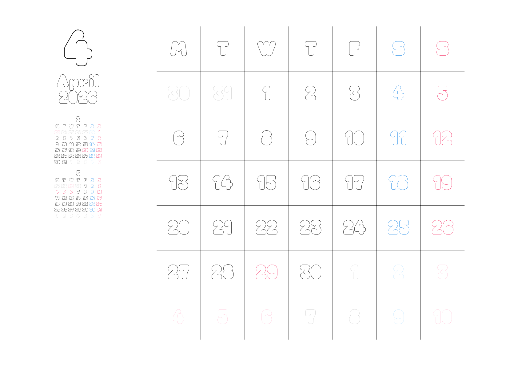 A判（A4,A5 など）,横向き,１ヶ月,月曜始まり,祝日名,六曜入り