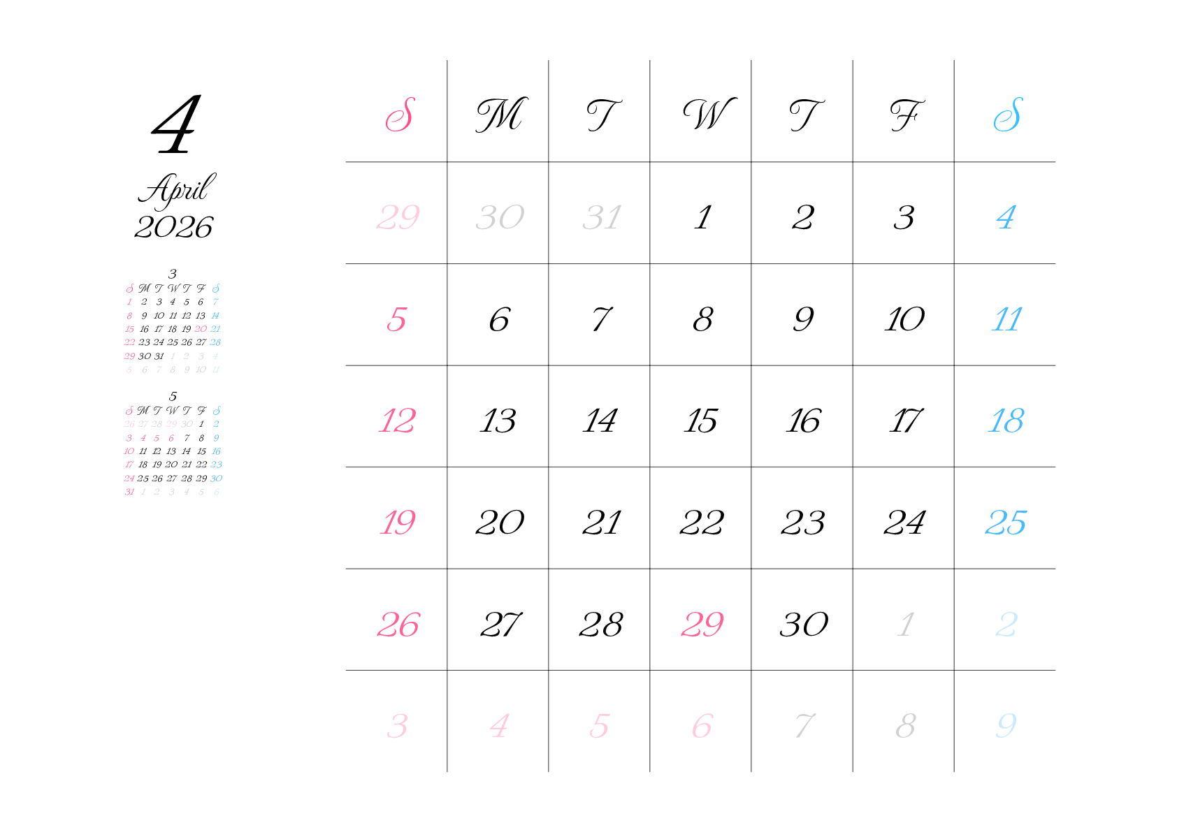 A判（A4,A5 など）,横向き,１ヶ月,日曜始まり,祝日名,六曜入り