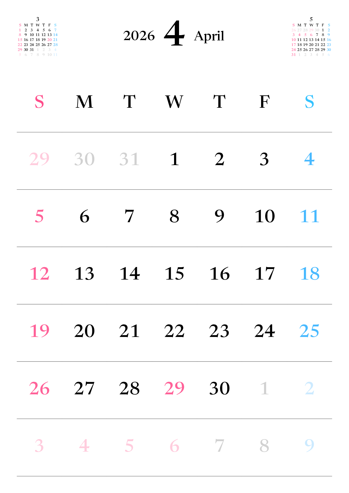 A判（A4,A5 など）,縦向き,１ヶ月,日曜始まり
