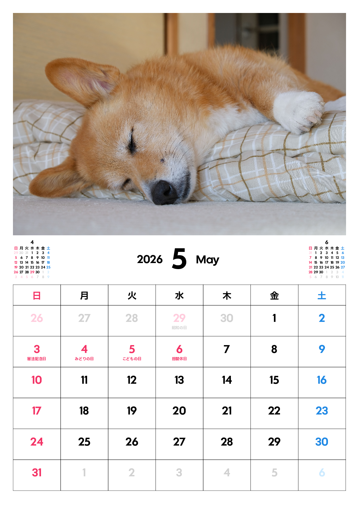 A判（A4,A5 など）,縦向き,１ヶ月,日曜始まり,祝日名入り,写真入り