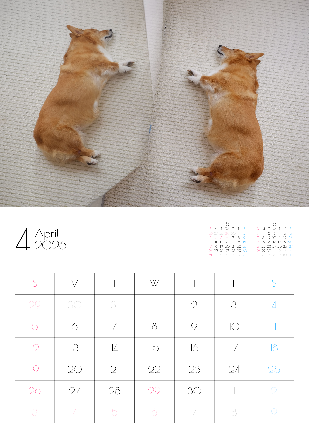 A判（A4,A5 など）,縦向き,１ヶ月,日曜始まり,写真入り