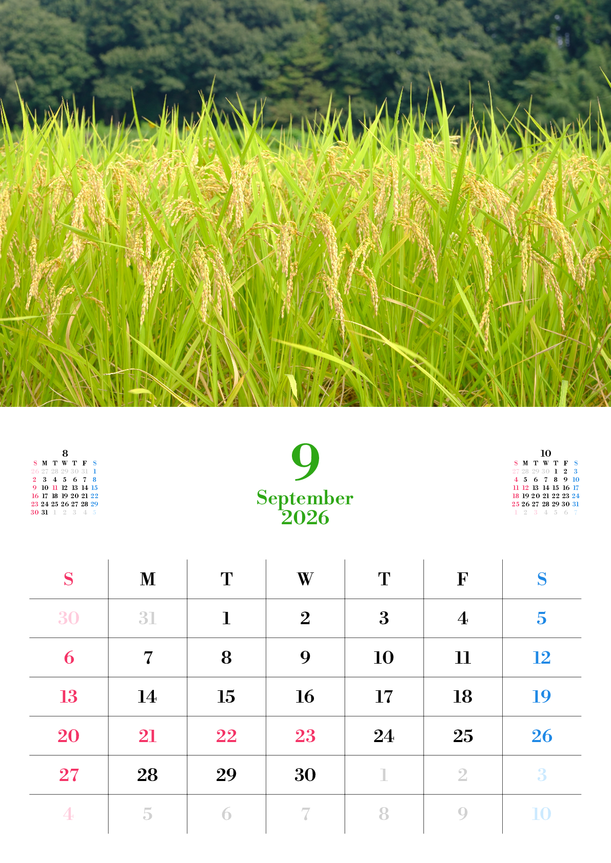 A判（A4,A5）,縦向き,１ヶ月,日曜始まり,写真入り