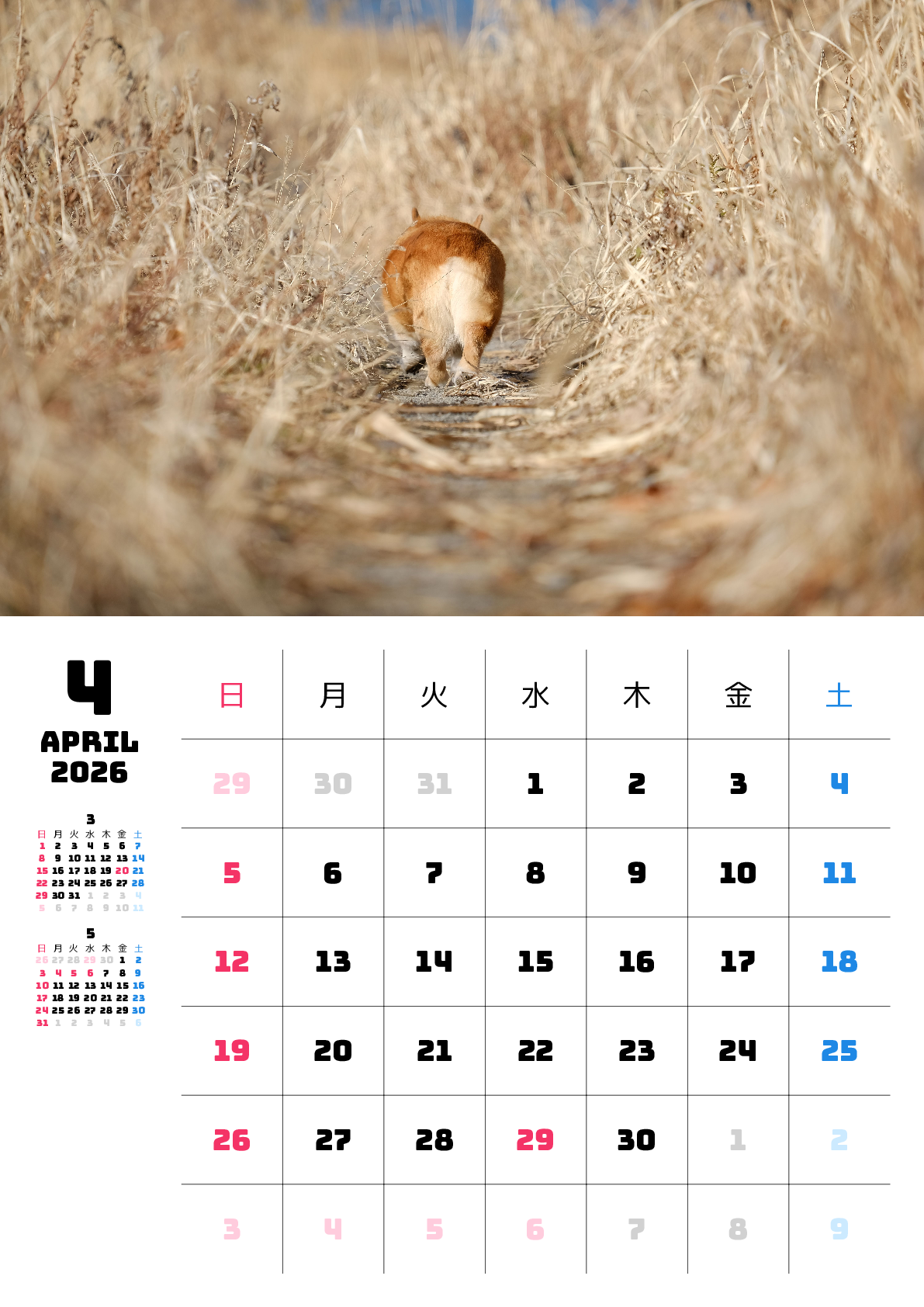 A判（A4,A5）,縦向き,１ヶ月,日曜始まり,写真入り