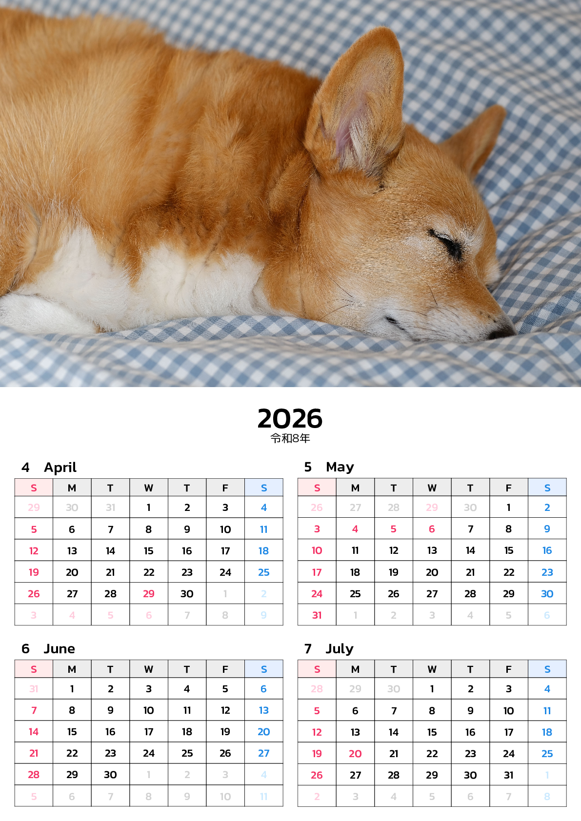 A判（A4,A5）,縦向き,４ヶ月,日曜始まり,写真入り