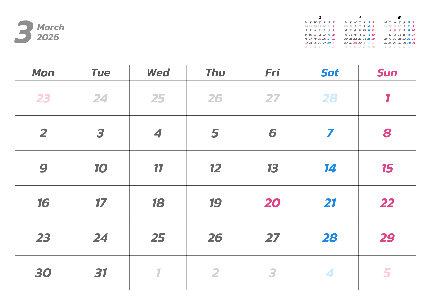 A判（A4,A5）,横向き,１ヶ月,月曜始まり