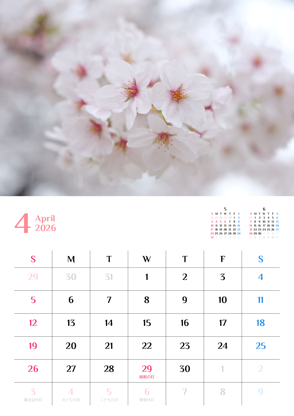 A判（A4,A5）,縦向き,１ヶ月,日曜始まり,祝日名入り,写真入り