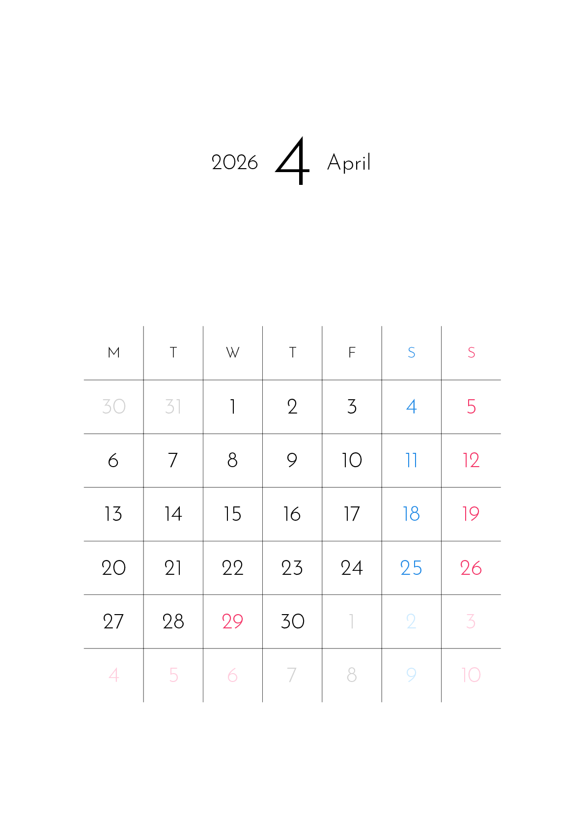 A判（A4,A5）,縦向き,１ヶ月,月曜始まり