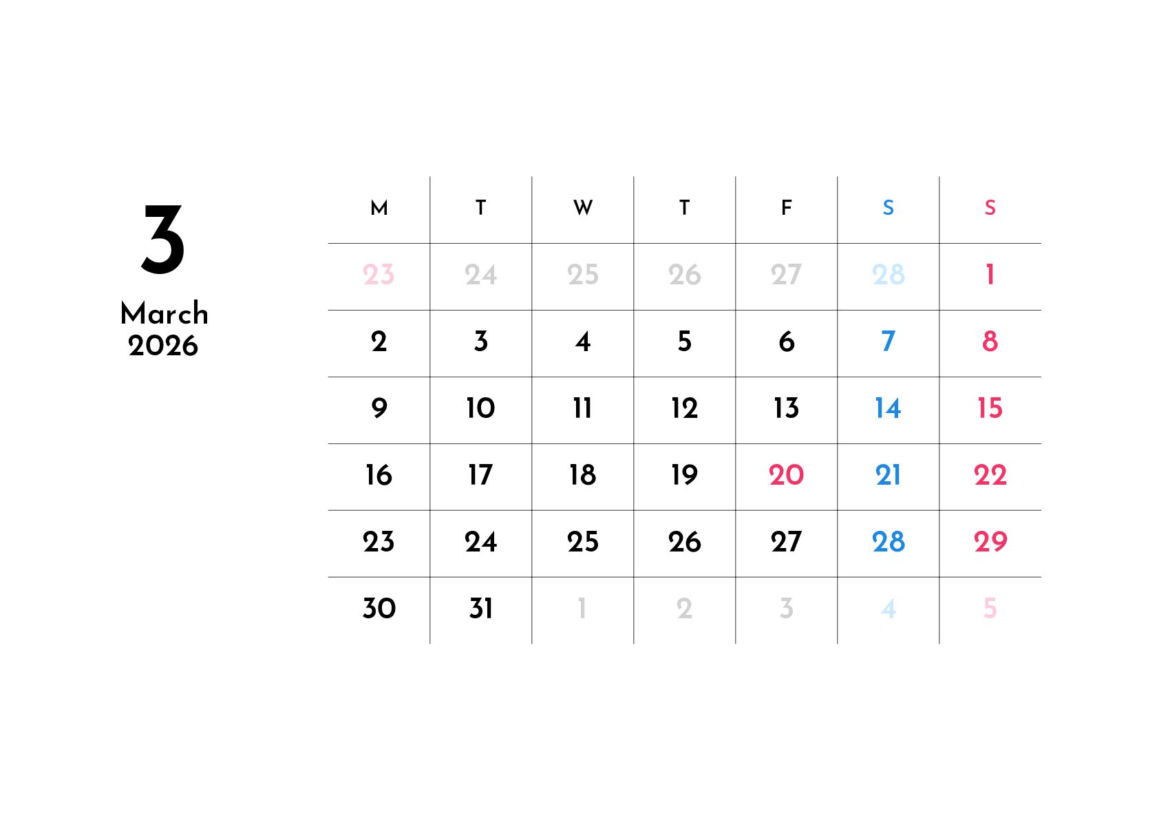 A判（A4,A5）,横向き,１ヶ月,月曜始まり