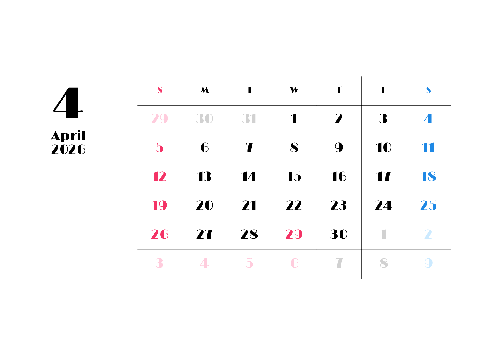 A判（A4,A5）,横向き,１ヶ月,日曜始まり