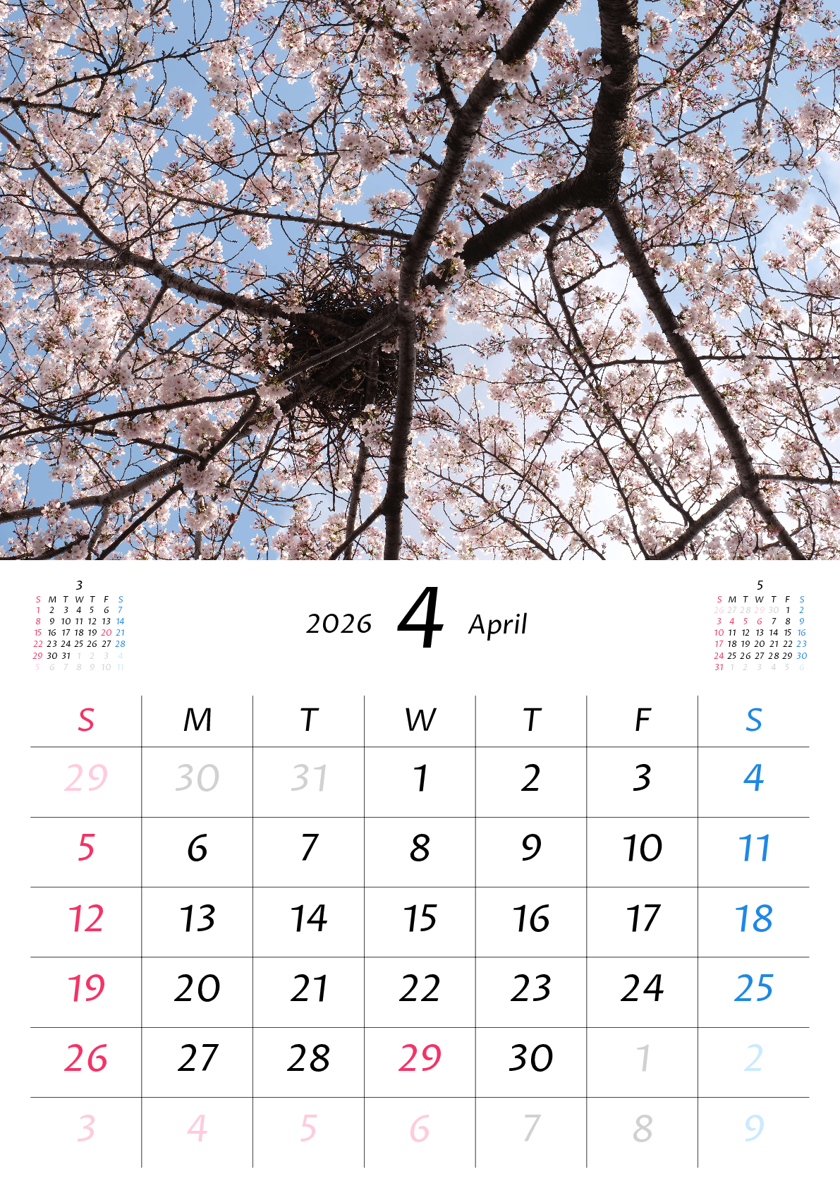 A判（A4,A5）,縦向き,１ヶ月,日曜始まり,写真入り