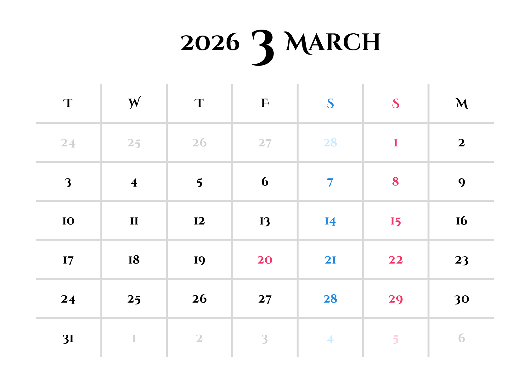 A判（A4,A5）,横向き,１ヶ月,火曜始まり