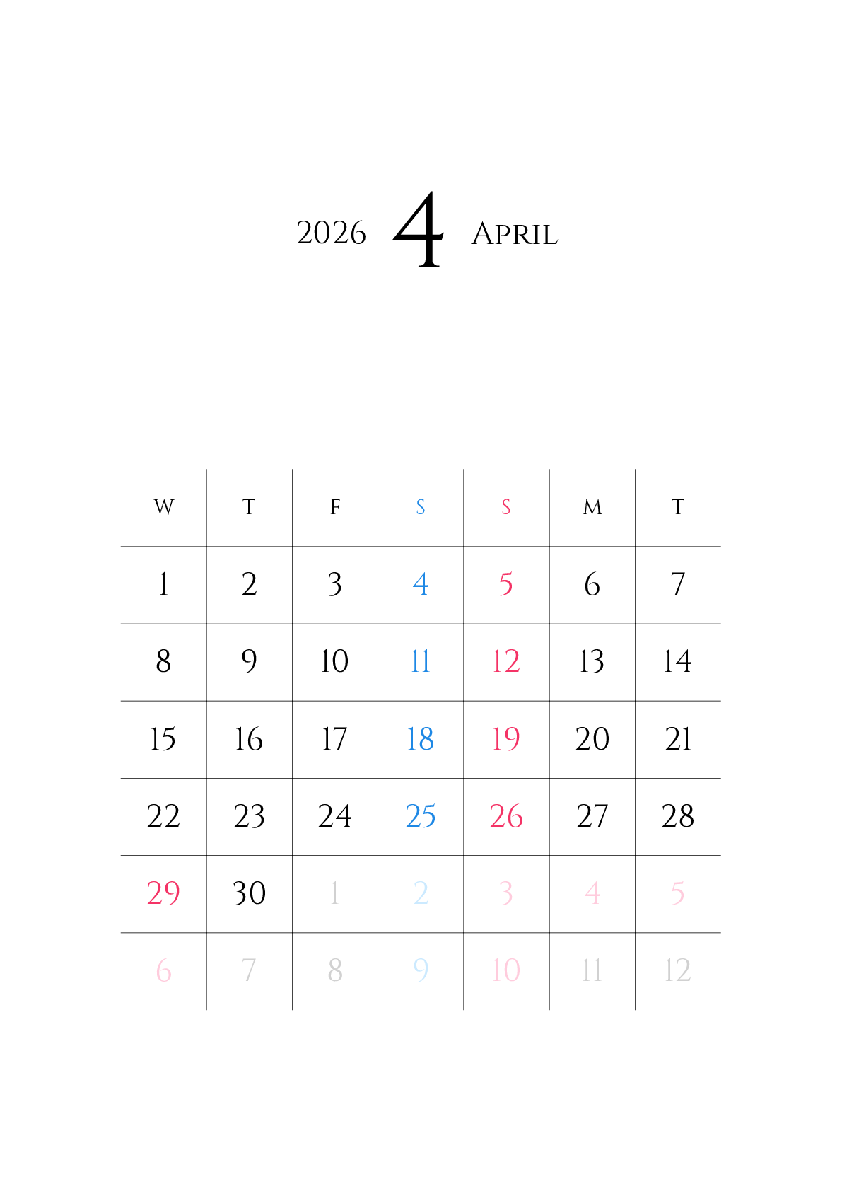 A判（A4,A5）,縦向き,１ヶ月,水曜始まり