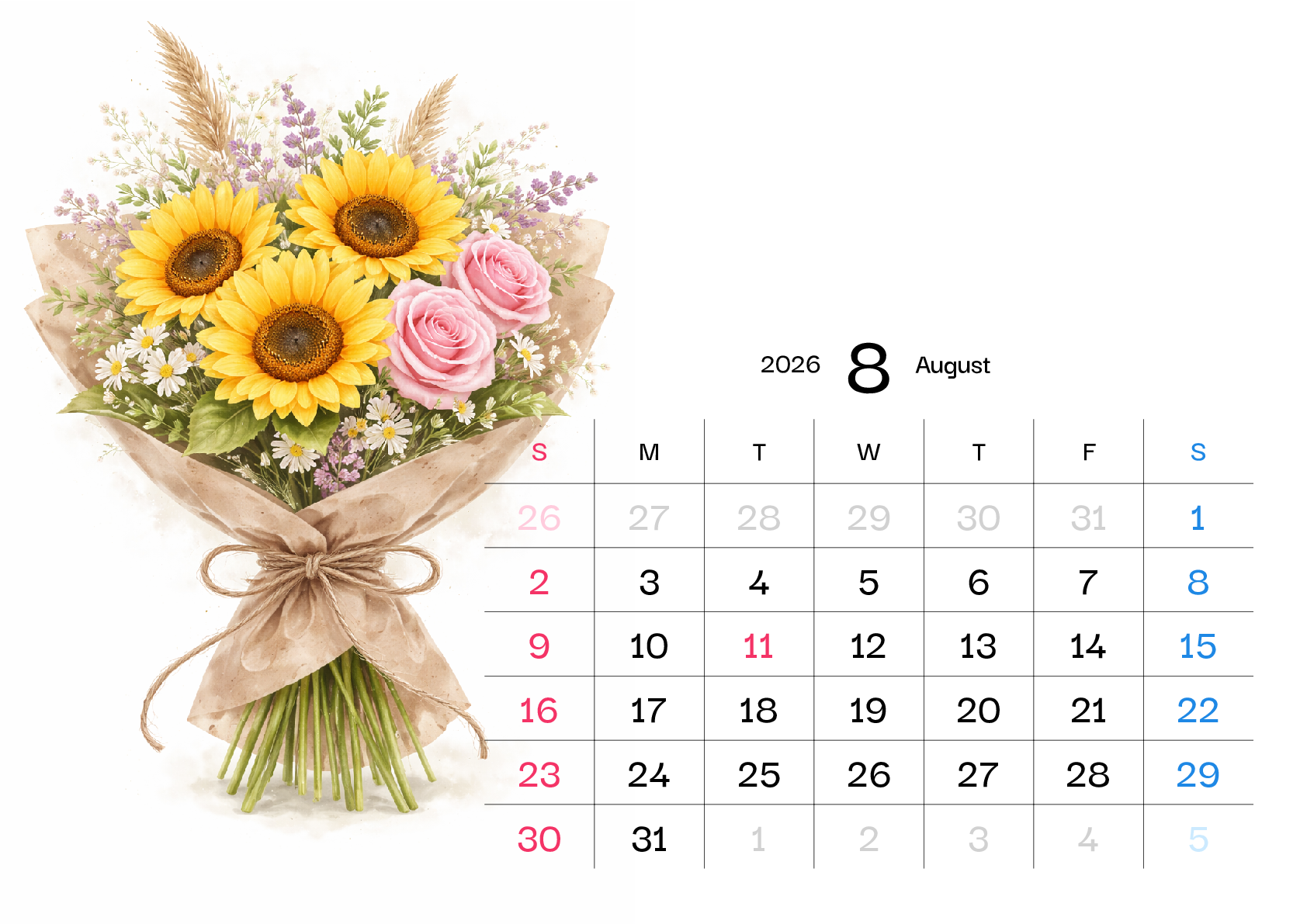 A判（A4,A5）,横向き,１ヶ月,日曜始まり,背景全面写真入り