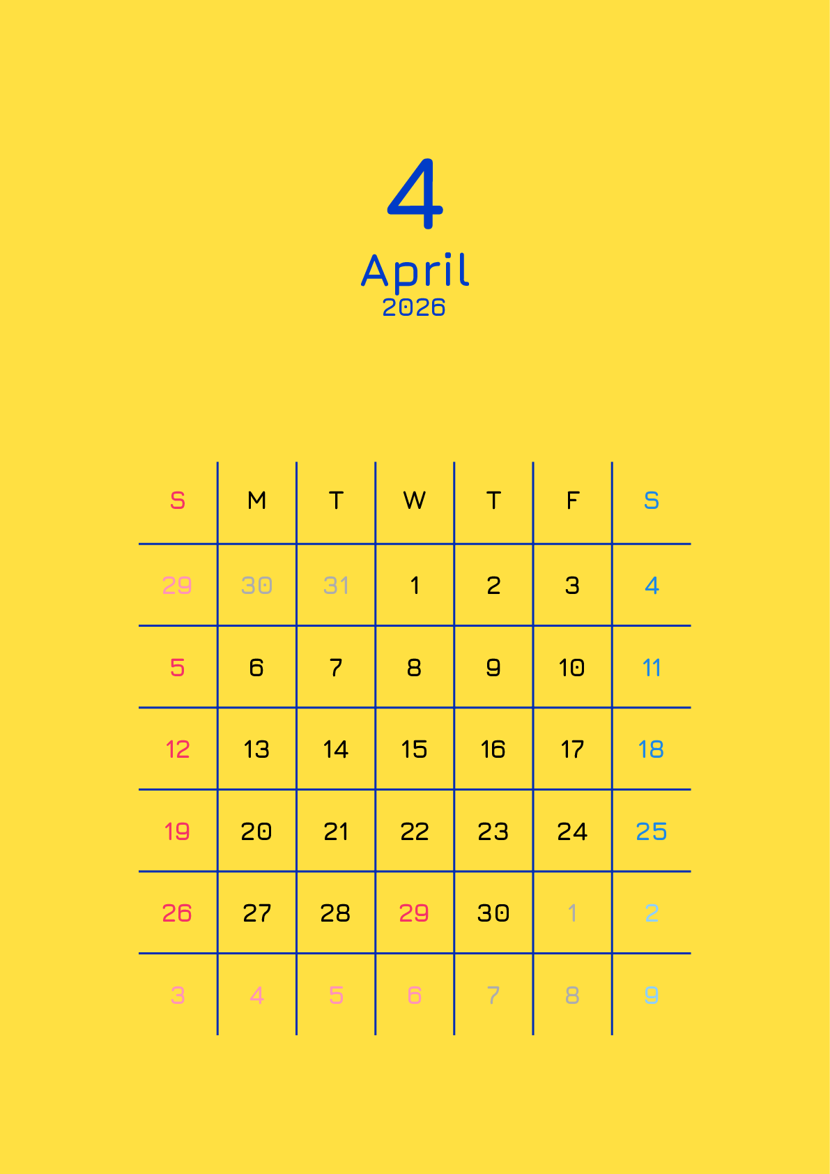 A判（A4,A5）,縦向き,１ヶ月,日曜始まり,背景色設定