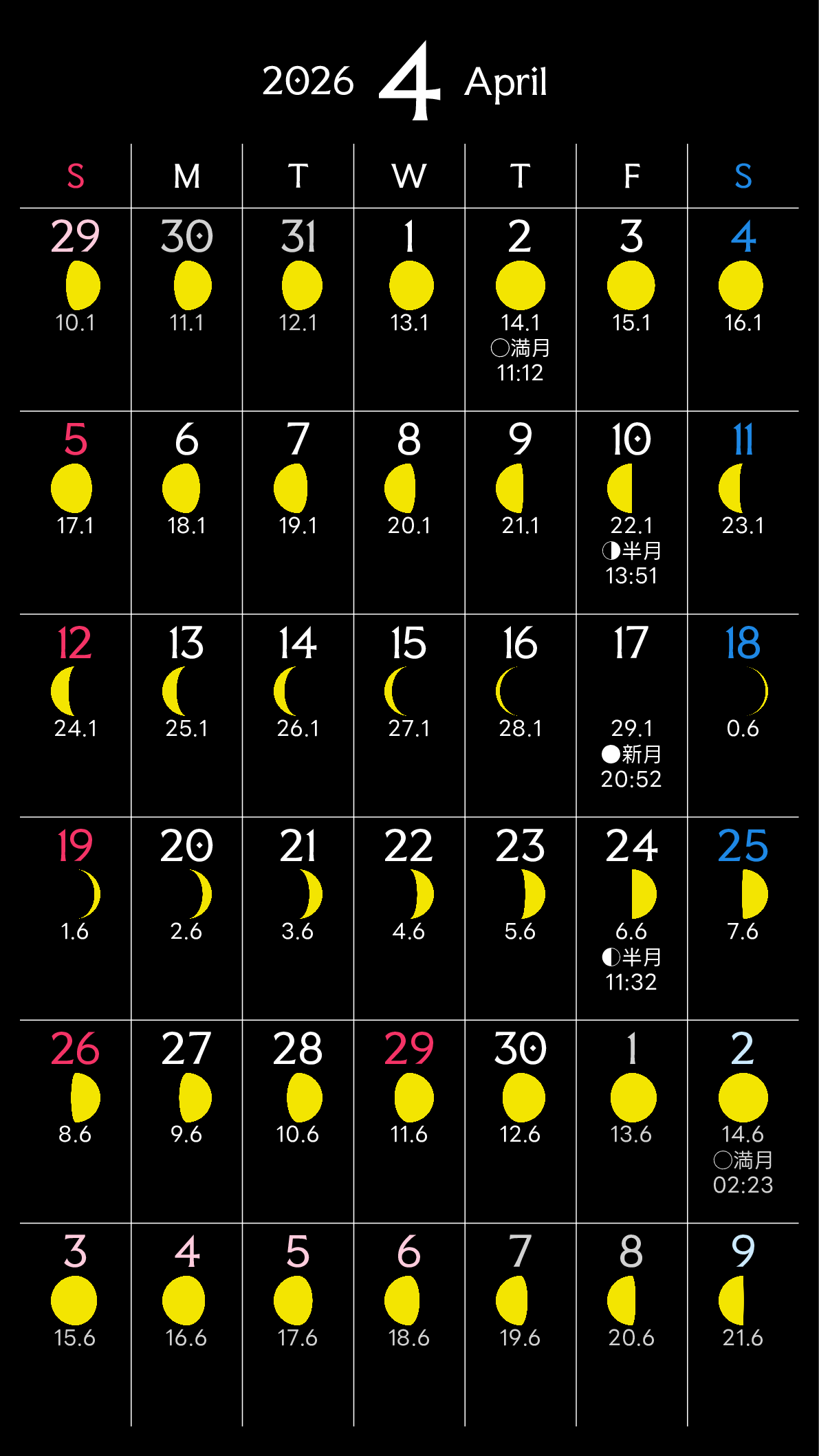 iPhone 6,6s,7,8,SE2,SE3,縦向き,１ヶ月,日曜始まり,月齢,満月新月入り,背景色設定