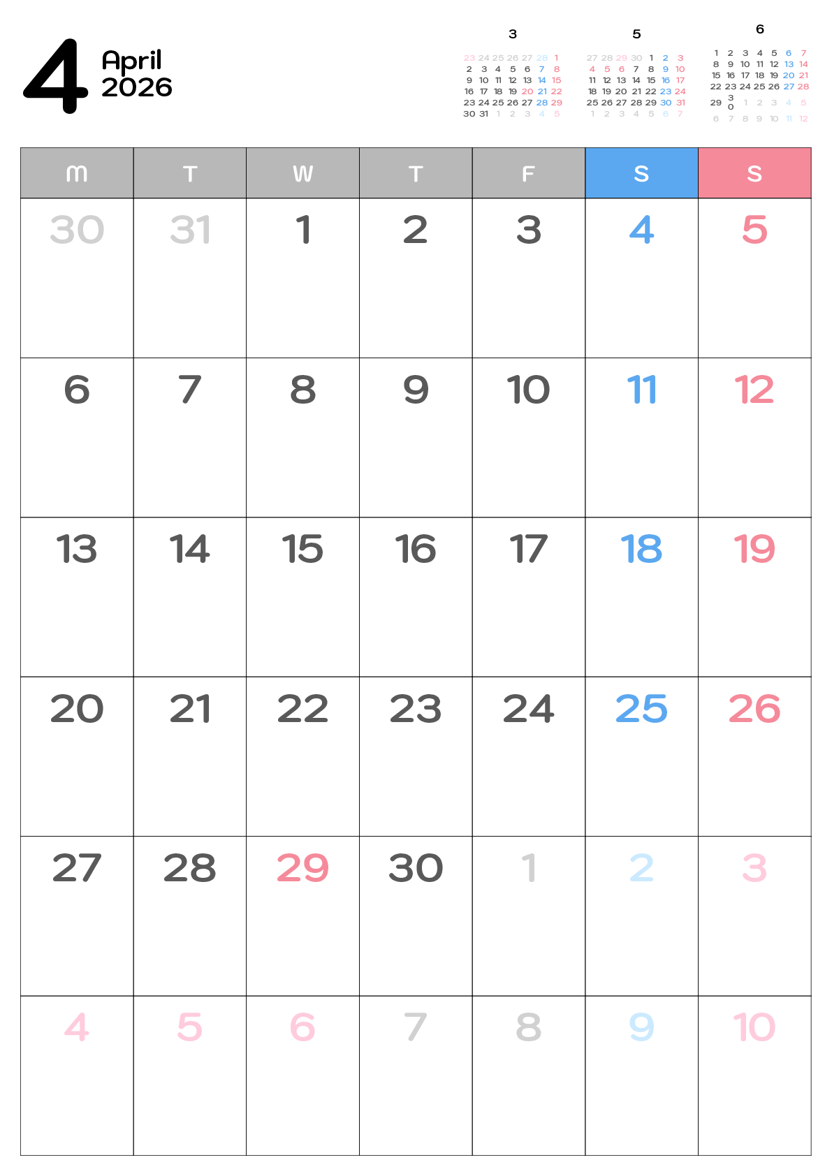 A判（A4,A5）,縦向き,１ヶ月,月曜始まり,祝日名,六曜入り
