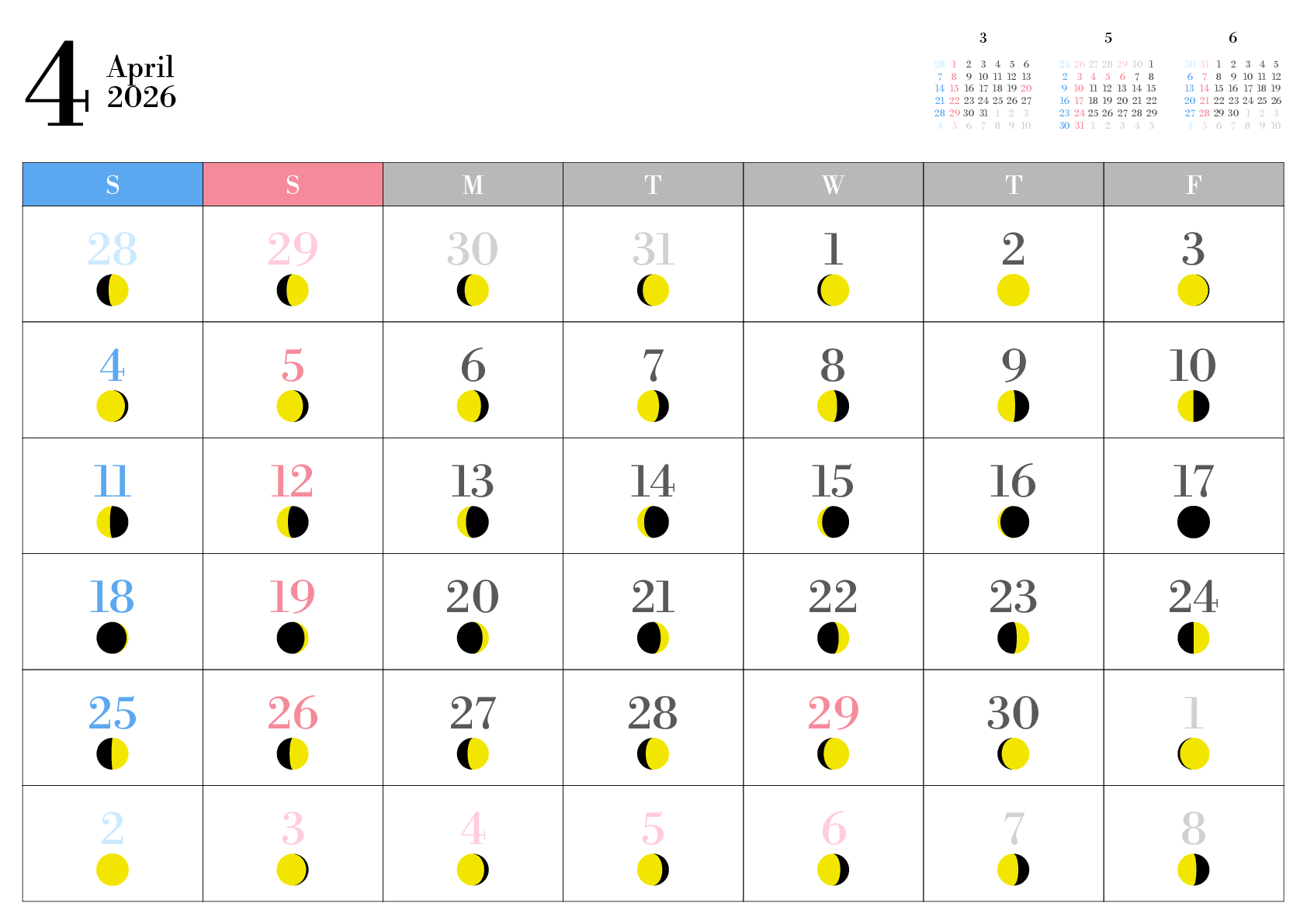 A判（A4,A5）,横向き,１ヶ月,土曜始まり,祝日名,六曜入り