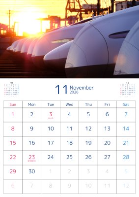 カレンダー No.17 JR東海、東海道新幹線。朝日を浴びる早朝の大井車両基地。700系、N700A。