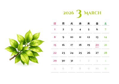 カレンダー No.7 新緑の葉のイラスト入り