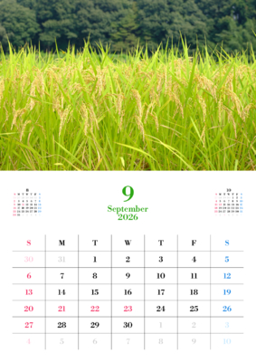 カレンダー No.34 たわわに実った稲穂が黄金色に輝く田んぼ