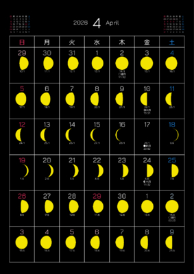 カレンダー No.15 満月・月齢・月相・朔望月カレンダーです。<br>  毎日の月の満ち欠けがわかります。
