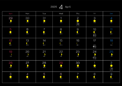 カレンダー No.14 満月・月齢・月相・朔望月カレンダーです。<br>  毎日の月の満ち欠けがわかります。