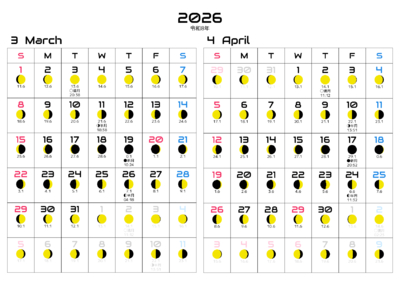 カレンダー No.6 満月・月齢・月相・朔望月の２ヶ月間カレンダーです。  毎日の月の満ち欠けがわかります。  お好きな月始まりにできます。  このカレンダーは作成に数十秒の時間を要します。