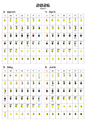 カレンダー No.7 満月・月齢・月相・朔望月の4ヶ月間カレンダーです。  毎日の月の満ち欠けがわかります。  お好きな月始まりにできます。  このカレンダーは作成に数十秒の時間を要します。
